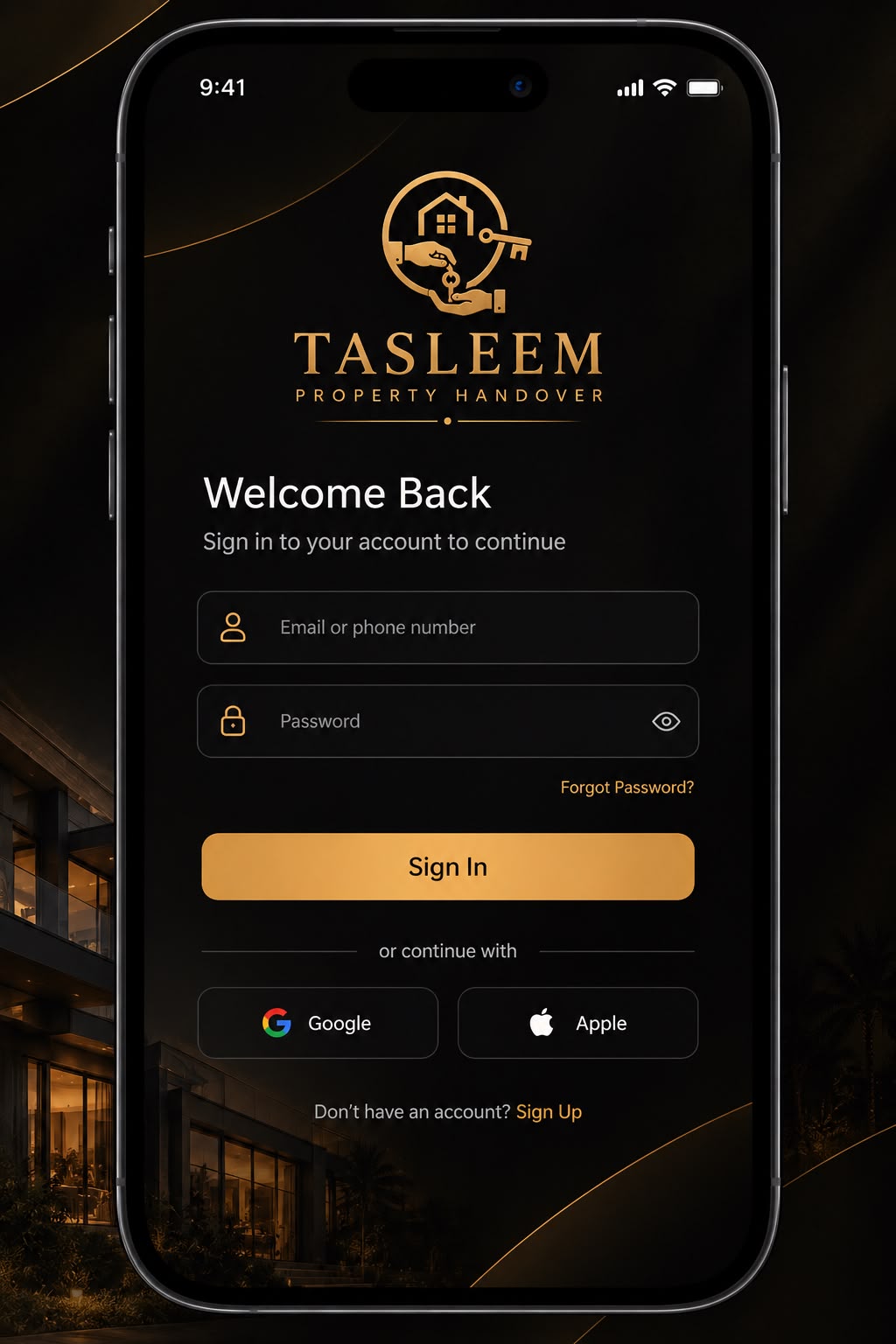 Tasleem app sign in screen