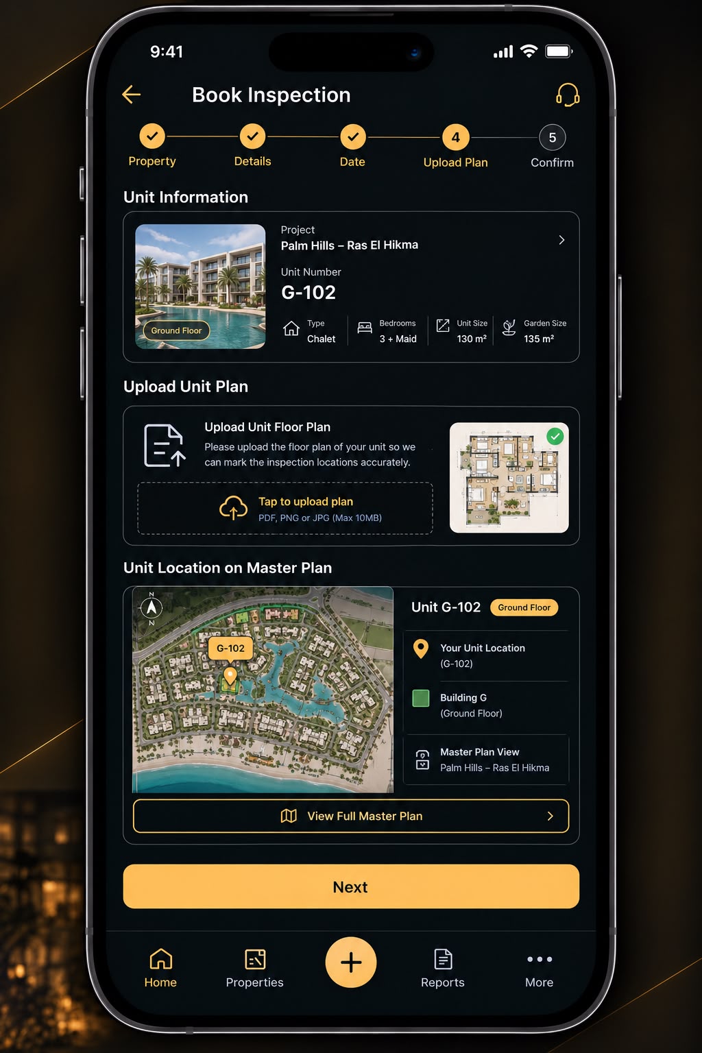 Tasleem app request inspection screen
